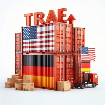 Container with flags of the USA and Germany. “TRADE” symbolizes international trade, growth and customs duties. Perfect for business pictures!