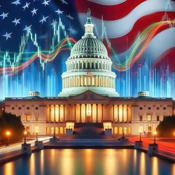 Symbolic image: The Capitol in front of stock market charts and financial data, showing the connection between politics and economics. Perfect for economic policy content!