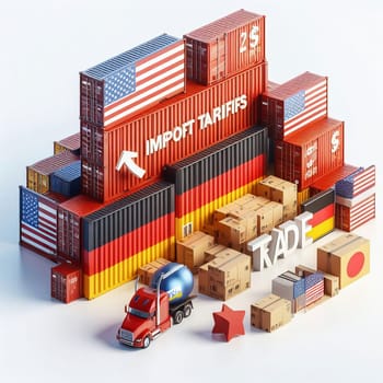 Container with flags of the USA and Germany. “TRADE” symbolizes international trade, growth and customs duties. Perfect for business pictures!