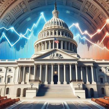 Symbolic image: The Capitol in front of stock market charts and financial data, showing the connection between politics and economics. Perfect for economic policy content!
