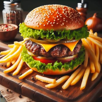 Juicy cheeseburger with crispy lettuce, tomatoes, gherkins and caramelized onions, served with golden fries on a rustic wooden board.