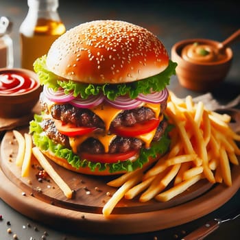 Juicy cheeseburger with crispy lettuce, tomatoes, gherkins and caramelized onions, served with golden fries on a rustic wooden board.