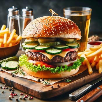 Juicy cheeseburger with crispy lettuce, tomatoes, gherkins and caramelized onions, served with golden fries on a rustic wooden board.