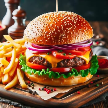 Juicy cheeseburger with crispy lettuce, tomatoes, gherkins and caramelized onions, served with golden fries on a rustic wooden board.