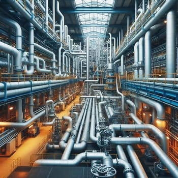 Futuristic industrial plant with complex pipelines, valves and towers, illuminated by warm sunlight. Technological infrastructure in perfection.