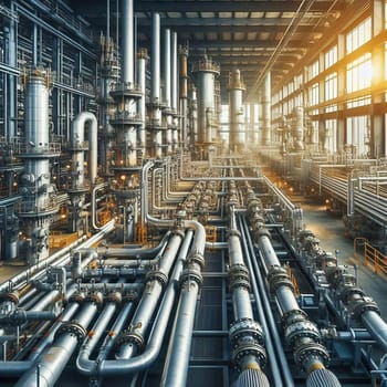 Futuristic industrial plant with complex pipelines, valves and towers, illuminated by warm sunlight. Technological infrastructure in perfection.