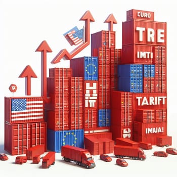 Container with flags of the USA and the EU. “TRADE” symbolizes international trade, growth and customs duties. Perfect for business images!