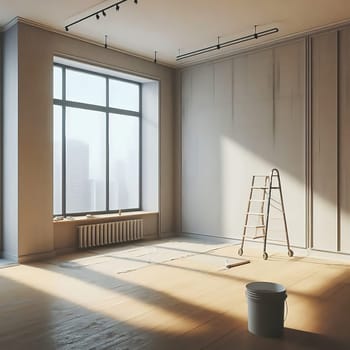 Bright, renovated room with large windows. Painter's ladder, paint bucket and tools indicate a creative makeover. Perfect for renovation themes!
