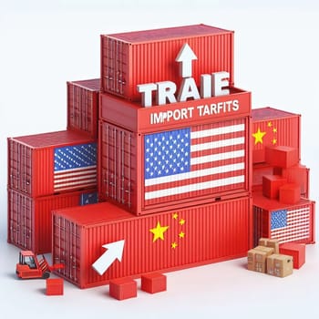 Container with flags of the USA and China. “TRADE” symbolizes international trade, growth and customs duties. Perfect for business images!