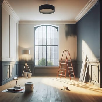 Bright, renovated room with large windows. Painter's ladder, paint bucket and tools indicate a creative makeover. Perfect for renovation themes!