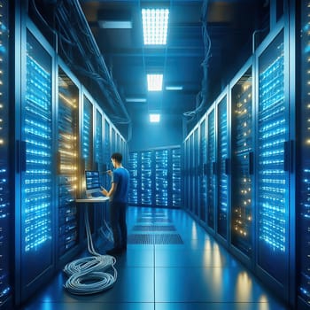 Futuristic server room with endless illuminated racks and a cool atmosphere. High-tech data center for data processing, cloud and network security.