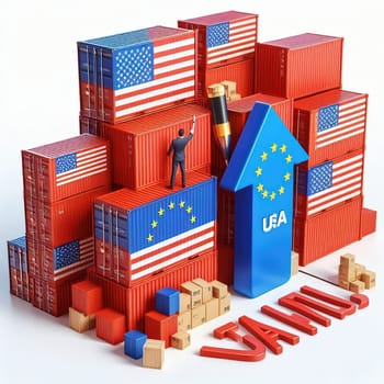 Container with flags of the USA and the EU. “TRADE” symbolizes international trade, growth and customs duties. Perfect for business images!