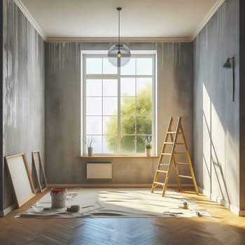 Bright, renovated room with large windows. Painter's ladder, paint bucket and tools indicate a creative makeover. Perfect for renovation themes!