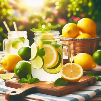 A refreshing glass with lemon and lime slices, mint leaves and a straw, framed by fresh fruit in a sunny garden.