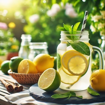 A refreshing glass with lemon and lime slices, mint leaves and a straw, framed by fresh fruit in a sunny garden.