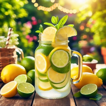 A refreshing glass with lemon and lime slices, mint leaves and a straw, framed by fresh fruit in a sunny garden.