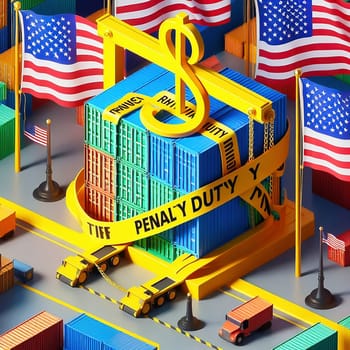 Containers, US flags and “PENALTY DUTY” barrier tape symbolize trade, law and customs in a high-contrast, lively design. Ideal for business themes.