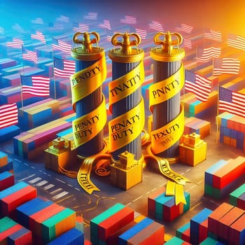 Containers, US flags and “PENALTY DUTY” barrier tape symbolize trade, law and customs in a high-contrast, lively design. Ideal for business themes.