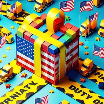 Containers, US flags and “PENALTY DUTY” barrier tape symbolize trade, law and customs in a high-contrast, lively design. Ideal for business themes.