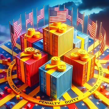 Containers, US flags and “PENALTY DUTY” barrier tape symbolize trade, law and customs in a high-contrast, lively design. Ideal for business themes.