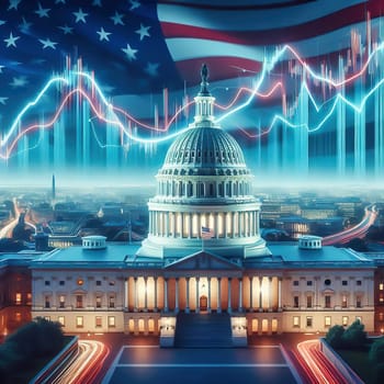 Symbolic image: The Capitol in front of stock market charts and financial data, showing the connection between politics and economics. Perfect for economic policy content!