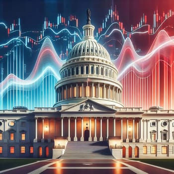 Symbolic image: The Capitol in front of stock market charts and financial data, showing the connection between politics and economics. Perfect for economic policy content!