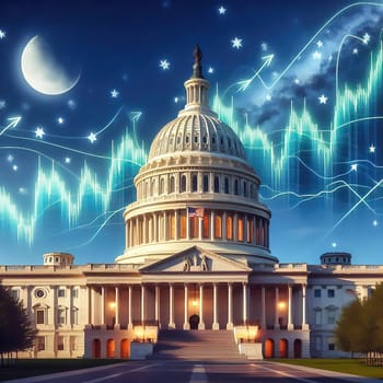 Symbolic image: The Capitol in front of stock market charts and financial data, showing the connection between politics and economics. Perfect for economic policy content!