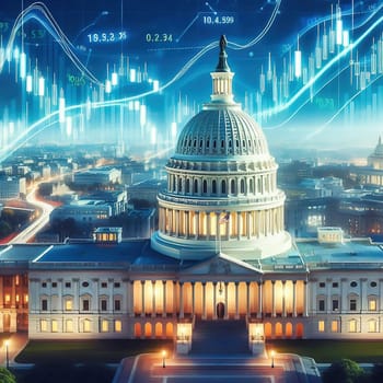 Symbolic image: The Capitol in front of stock market charts and financial data, showing the connection between politics and economics. Perfect for economic policy content!