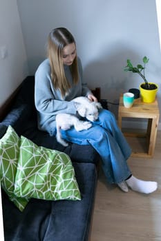 A young woman sits comfortably on a sofa, gently holding a small puppy on her lap. The cozy living room features plants and colorful decor, creating a warm atmosphere in the afternoon.