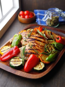 A beautifully arranged plate features juicy grilled chicken alongside vibrant red and green peppers, zucchini, and yellow squash.