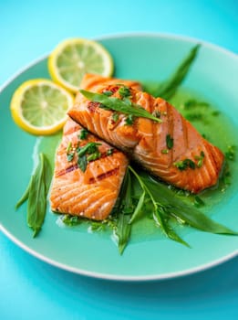 Two grilled salmon fillets are served on a turquoise plate, garnished with fresh herbs and lemon slices, creating an appetizing dish perfect for lunch or dinner.