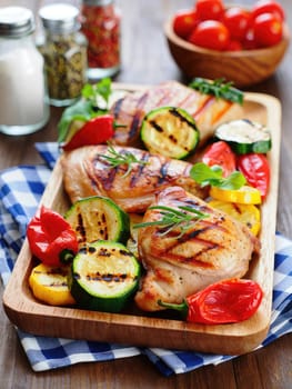 Juicy grilled chicken pieces are arranged on a wooden platter alongside assorted grilled vegetables. Bright red peppers, zucchini, and yellow squash are nestled around the chicken.
