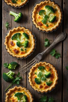 Broccoli quiches baked in golden crusts are arranged on a rustic wooden table, garnished with fresh herbs. The dish showcases a blend of vegetables and creamy filling for a delightful meal.