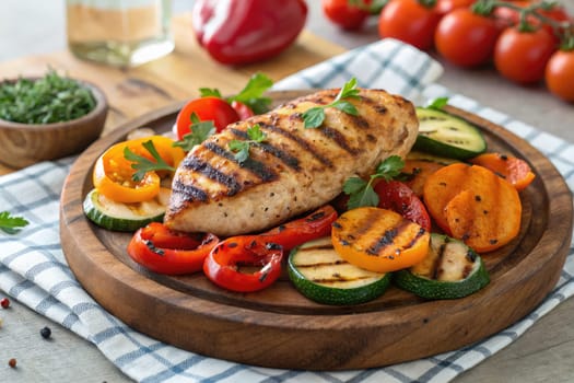 Grilled chicken breast is elegantly served on a wooden platter with colorful bell peppers, zucchini, and tomatoes, making for a wholesome meal in a cozy kitchen.