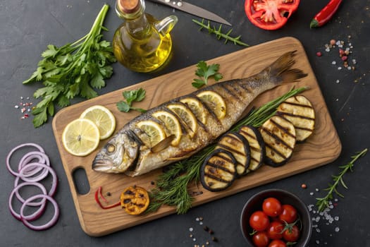 A beautifully arranged grilled fish garnished with lemon slices is placed on a wooden cutting board.