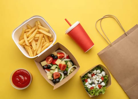 A colorful arrangement of fast food items includes crispy fries, a fresh salad with vegetables, and a drink in a red cup. This vibrant display is set against a cheerful yellow backdrop.