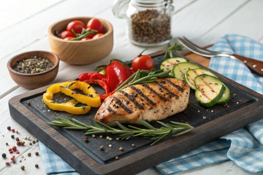 Juicy grilled chicken breast is presented on a wooden serving board, accompanied by vibrant vegetables including zucchini, bell peppers, and cherry tomatoes, showcasing a healthy meal option.