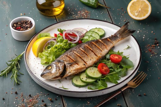 A beautifully plated grilled fish is surrounded by fresh greens, tomatoes, and cucumbers.