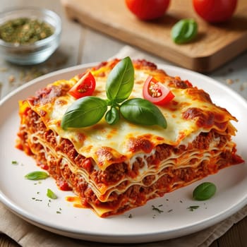 Layers of pasta, rich meat sauce, and cheese create a delicious homemade lasagna, beautifully garnished with fresh basil and cherry tomatoes on a rustic wooden table.