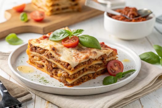 Savory lasagna is presented on a white plate, showcasing layers of pasta, meat sauce, and melted cheese. Fresh basil leaves and cherry tomatoes add vibrant color, inviting appetites.