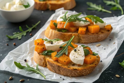 This vibrant dish features toasted bread topped with roasted butternut squash, fresh mozzarella, and arugula.