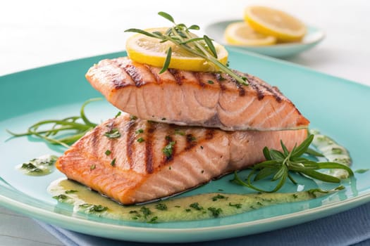 Juicy grilled salmon fillets topped with fresh lemon slices and herbs. Served on a vibrant turquoise plate, this dish showcases a delicious culinary presentation perfect for a light meal.