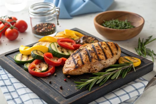 Succulent grilled chicken breast rests beside an array of vibrant vegetables, including bell peppers and zucchini, on a black wooden serving board. A hint of fresh herbs adds flavor.