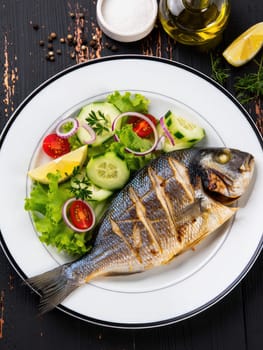 A large grilled fish is presented on a white plate alongside a colorful salad of lettuce, cucumbers, and cherry tomatoes. Lemon wedges add a fresh touch to the dish.