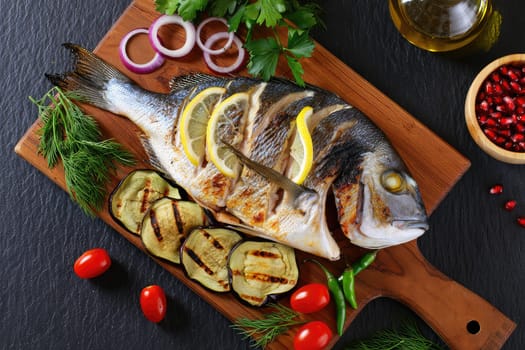 A beautifully plated grilled fish topped with lemon slices, surrounded by fresh herbs, grilled eggplant, cherry tomatoes, and onions. Olive oil complements this appetizing arrangement.