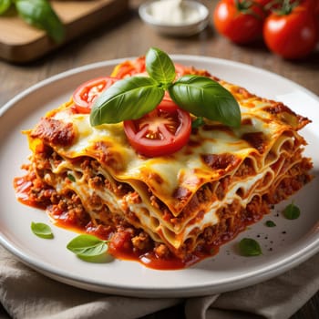 Layers of pasta filled with savory meat sauce, melted cheese, and fresh basil create an appetizing dish on a rustic wooden table. Fresh tomatoes and cheese enhance the presentation.