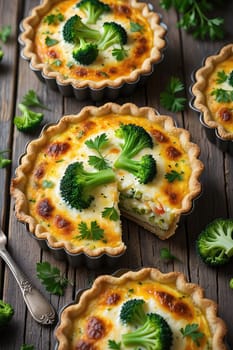 Freshly baked vegetable quiches featuring broccoli and herbs are arranged on a rustic wooden table. One quiche is partially sliced, showcasing its creamy filling.