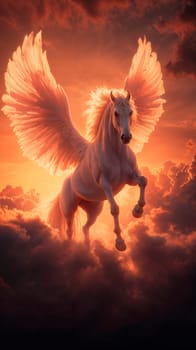 A breathtaking winged horse magnificently captures the enchanting beauty of a colorful sunset within mystical clouds