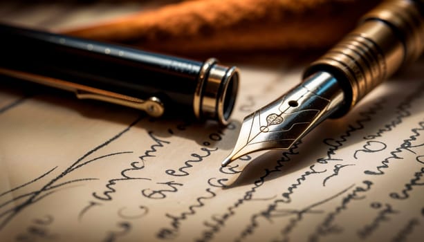 A closeup view of a beautifully crafted fountain pen resting delicately on an elegant, handwritten manuscript