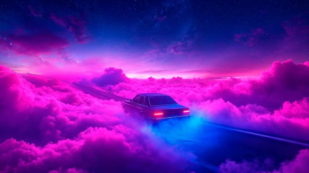 A vibrant car stylishly driving through a colorful, dreamy cloudcovered sky with a stunning cosmic backdrop